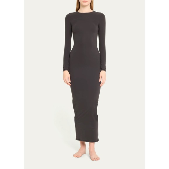 Skims Fits Everybody Crew Neck Long Sleeve Maxi Dress Slit Black Size Medium - Picture 1 of 5
